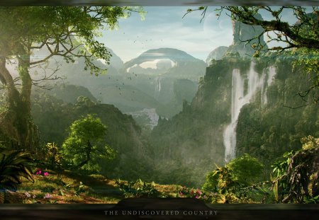 the undiscovered country - moons, waterfalls, trees, birds, cliffs, plants