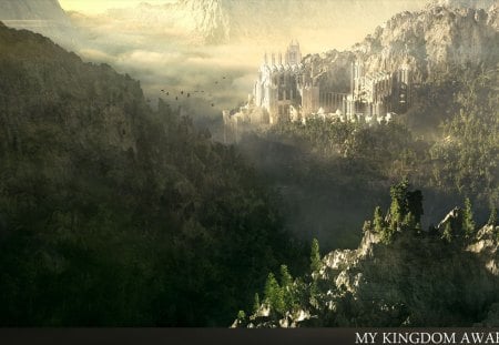 my kingdom awakes - mountains, clouds, castle, trees, birds