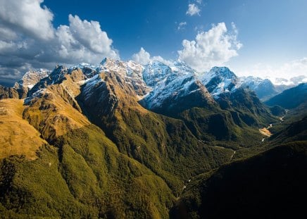 mountains of new zealand - mountains, clouds, river, blue sky, trees, snow