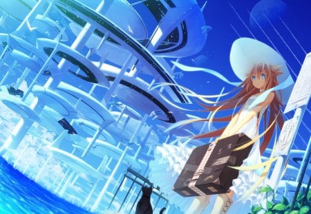 Water city - city, sky, girl, dress