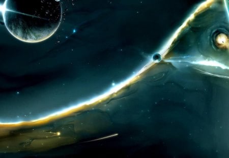 fantasy space art - asteroids, ship, moon, planet, sun, stars