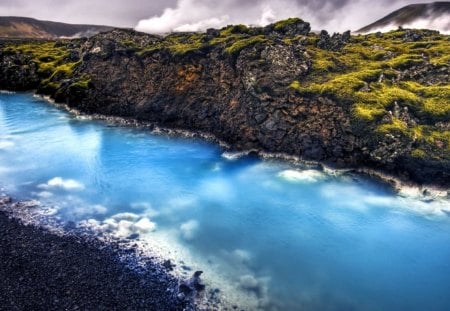 fantasy landscape - moss, mountains, pebbles, river, clods, steam