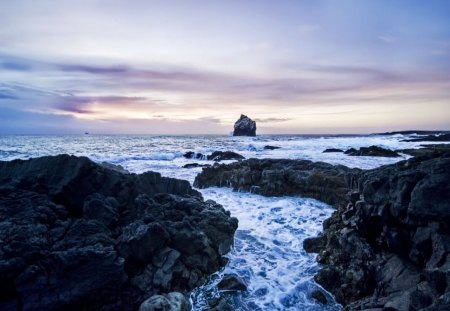 way to the sea - blue sky, rocks, water, clouds