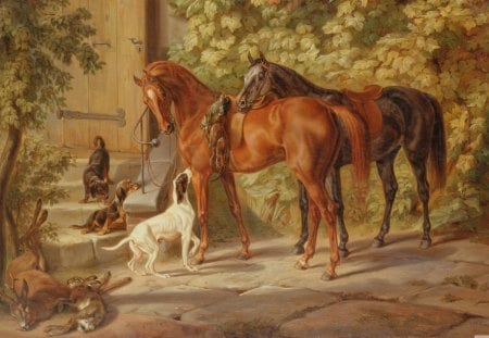 Hunting Season - hunting season, horses, dogs, painting