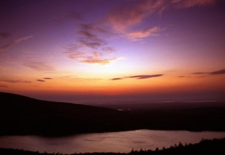 Darkness Awaits - lake, darkness awaits, hills, sunset, darkness