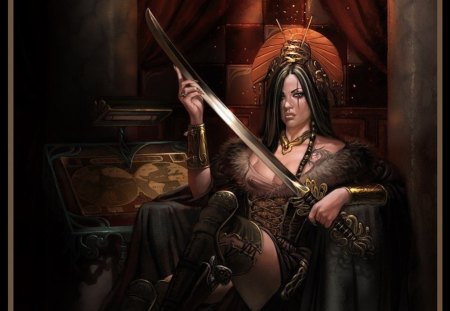 The black Queen - women, queen, sword, fantasy, cg