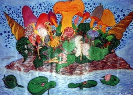 Mushroom Magic - fairies, pond, mushrooms, art, waterlily