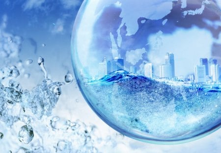 City In A Bubble - bubble, orb, sphere, water splashes, city