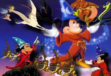 Magician Mickey - pail, flying pegasus, broom, magic, mickey