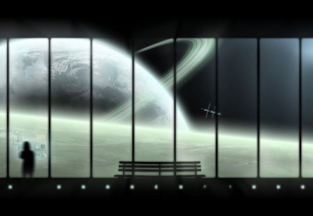 A Veiw Into The Cosmos - bench, saturn, planet, space