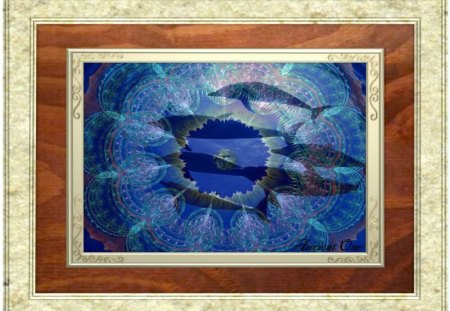 Framed Blue Dream Catcher Dolphins - multi media, water, blue, catcher, digital art, framed, dream, dolphins, swimming, fractals