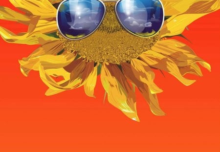 Sun Flower - sunflower, yellow, shades, orange, oranger bg, sunglasses, happy