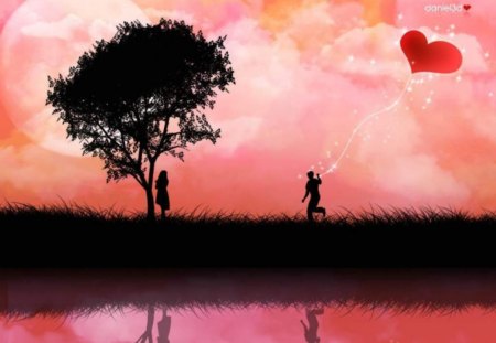 The Kite - vector, sky, silhouette, people, couple, heart, art, clouds, colors