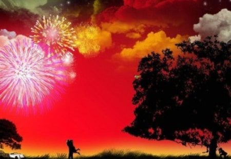 Fireworks - clouds, sunset, people, silhouette, vector, colors, fireworks, tree