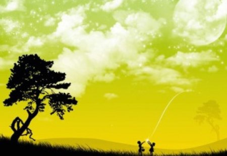 Beneath a Green Sky - moon, silhouette, vector, people, 3d, clouds