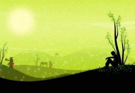 Alone on a Hill - hills, people, green sky, figure, silhouette, vector, horse, sun