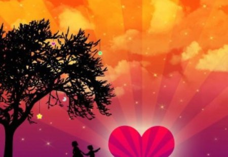 Love Rises - vector, stars, people, figures, heart, silhouettes, clouds, colors, tree