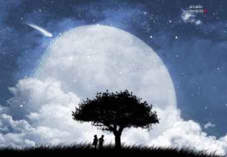 Peaceful Night - clouds, moon, people, silhouette, vector, tree, shooting star, couple, sky