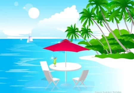 Art of Summer - clouds, trees, water, beach, vector, sails, drink, boats, umbrella, sun, glass