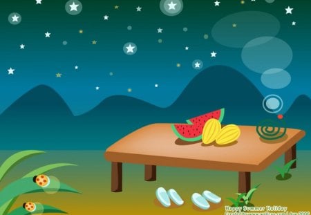 Art of Summer - vector, art, watermelon, stars, hills, fruits, lightning bugs, mountains