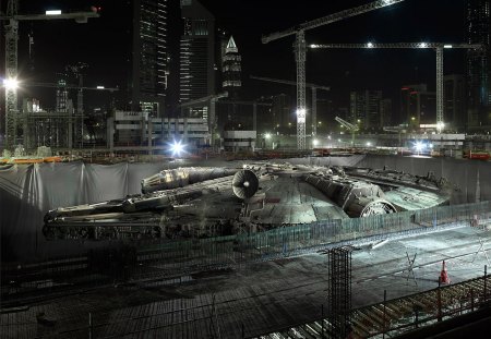 Millennium Falcon hiding in Dubai - millenium, wars, star, hiding, interesting, ship, night, falcon, space, dubai, spaceship, millennium, art