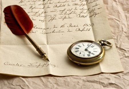 The Letter - pretty, pen, photogtaphy, beautiful, letter, clock, feather, beauty, lovely, love, memories, old letter, old, paper