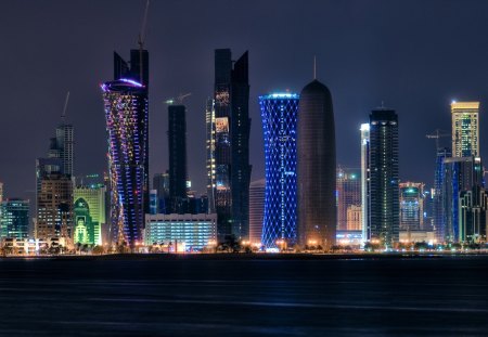 Doha, Qatar - blue, skyline, splendor, city lights, night, light, view, skyscrapers, lake, sky, qatar, water, beautiful, sea, city, beauty, colors, lovely, architecture, buildings, river, nature, lights, doha, peaceful, building