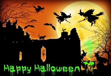 â™¥     Halloween Witches     â™¥ - moon, bats, trees, collage, night, fire, happy halloween, halloween, caldron, abstract, castle, raven cats, witches