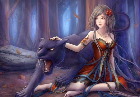 A beauty and a beast - girl, trees, forest, beast, female, long hair, fangs