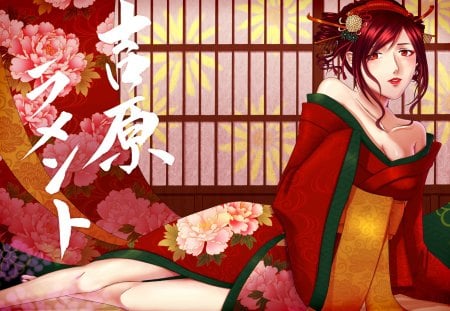 Kasane Teto - red hair, utau, female, girl, kimono, lone, kasane teto, red eyes