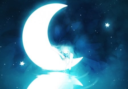 Original - emotional, water, anime girl, medium hair, gorgeous, amazing, pretty, anime, cute, manga, moon, sad, long hair, night, original, lovely, blue, beautiful, sweet, awesome