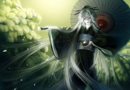 Tea Ceremony - woman, japanese hot girl, beauty, tea ceremony, japanese, anime girl, fantasy, cool, dark, umbrella, umberlla, green, kimono, tree, girl, japanese anime girl, long hair, asian, geisha, red, blue, white hair