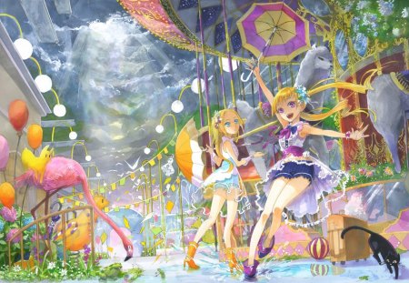 Happy Day! - bird, anime, yellow, happy day, blue, pink, umbrella, animal, halloween, sky, flamingo, sun, water, girl, lantern, cat, black, manga, funny, cloud, cute, park