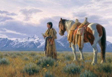 NATIVE AMERICAN. Walk with my horse - woman, native american, mountains, horse