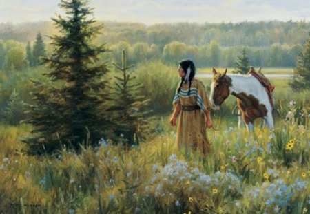 NATIVE AMERICAN. WALK WITH MY HORSE - forest, horse, native american, woman