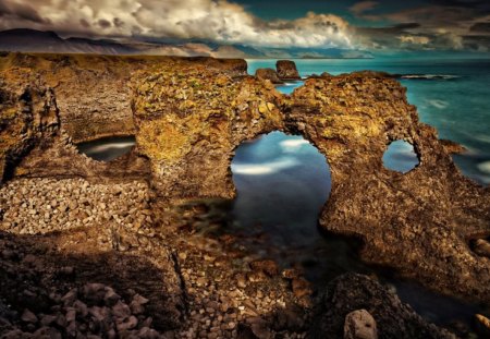 Sea rocks - clouds, pretty, summer, beautiful, sea, ocean, lovely, stones, shore, nature, view, waves, waters, nice, sky, rocks