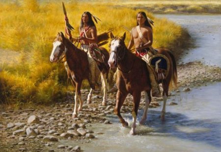 NATIVE AMERICAN.FOLLOWING THE RIVER - river, man, horse, native american