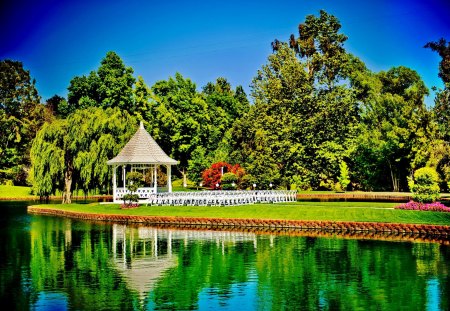 Summer gazebo - nice, sky, trees, greenery, mirrored, chairs, gazebo, pretty, reflection, clouds, river, 1080, green, grass, pond, harmony, wedding, lake, shore, lovely, nature, bank, beautiful, waters, 1920