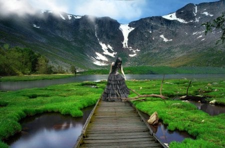 Imaginary mountain girl - summer, grass, reflection, imagination, mountain, imaginary, waters, lake, black dressed, snowy, pond, girl, peaks, pier, slopes, river, fantasy, wooden, lady, green, woman, fairy, bridge