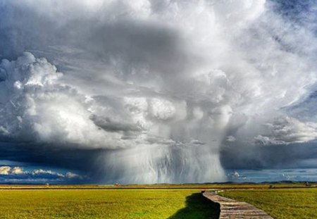 Pathway to the Unknown - clouds, abstract, fields, boardwalk, pathway