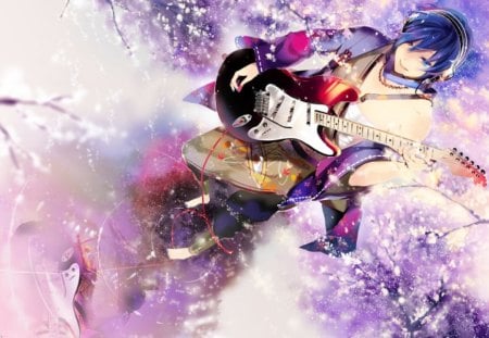 Spring music - girl, guitar, bloom, music, song, fantasy, spring, art, sakura, pink, red, blue, anime, flower, manga