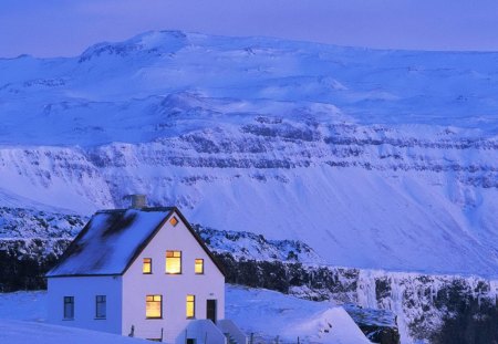 winter view - mountains, lights, blue sky, house, steps