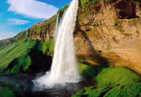 waterfall - river, clouds, cliff, blue sky, moss