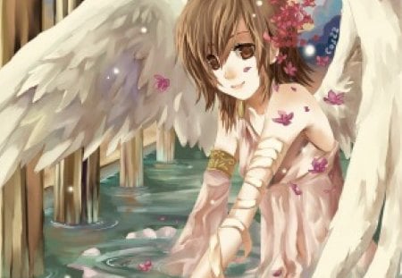 Angel - girl, angel, water, fantasy, white, pink, red, blue, anime, feather, green, wongs, cute, flower, manga