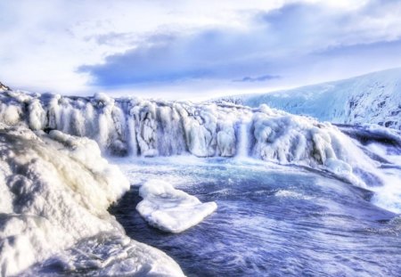 winter view - river, blue sky, clouds, rocks