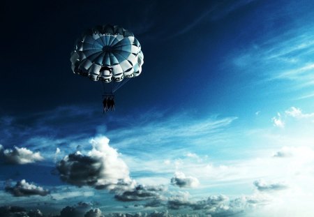 parachuting - clouds, people, parachute, blue sky, sun