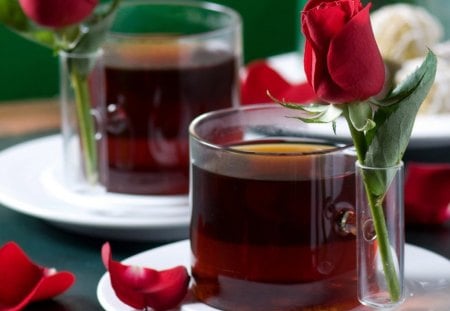 TEA WITH FRIENDS - cups, glass, roses, red rosebuds, petals, table, tea, company