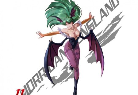 Morrigan Aensland - anime, female, white background, darkstalkers, green hair, morrigan, succubus, morrigan aensland, wings, games, lone