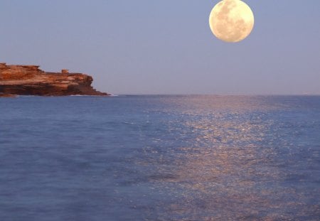 Moonrise over Malabar - moon, water, headland, sky