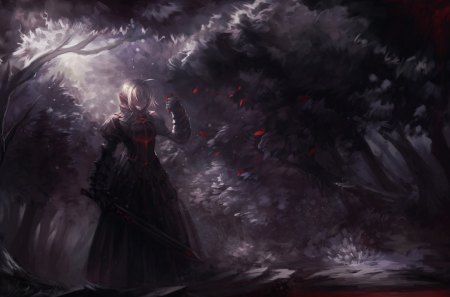 Fate Stay Night - saber, anime, anime girl, female, original, blonde hair, forest, red eyes, knight, armor, fantasy, fantasy girl, fate stay night, anime warrior